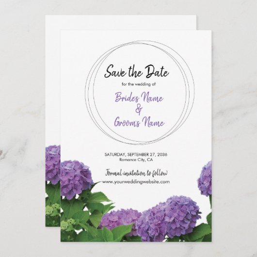 Elegant Paars Hydrangea Wedding Save the Date (Voorkant / Achterkant)