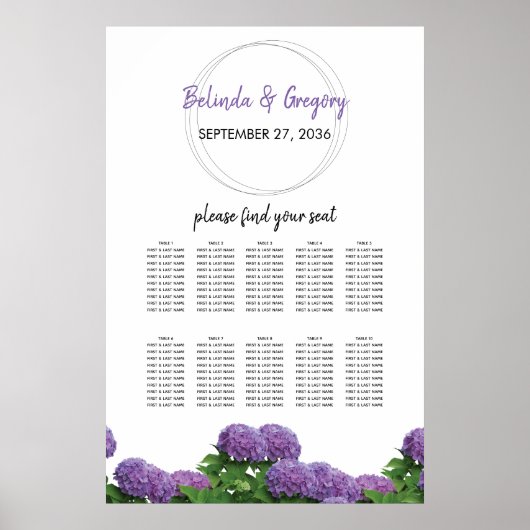 Elegant Paars Hydrangea Wedding Seding Chart Poster (Voorkant)