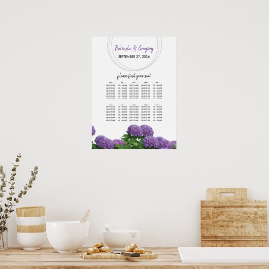 Elegant Paars Hydrangea Wedding Seding Chart Poster (Keuken)