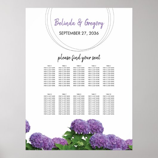 Elegant Paars Hydrangea Wedding Seding Chart Poster (Voorkant)