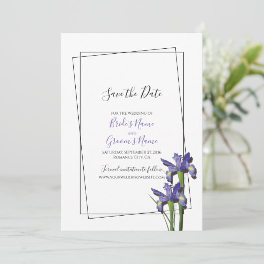 Elegant Paars Iris Wedding Save the Date (Staand voorkant)