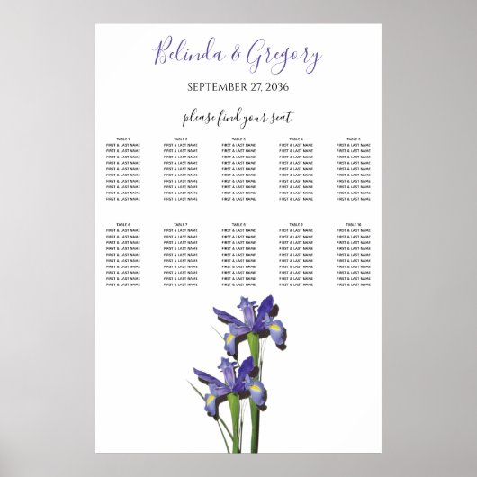 Elegant Paars Iris Wedding Seding Chart Poster (Voorkant)