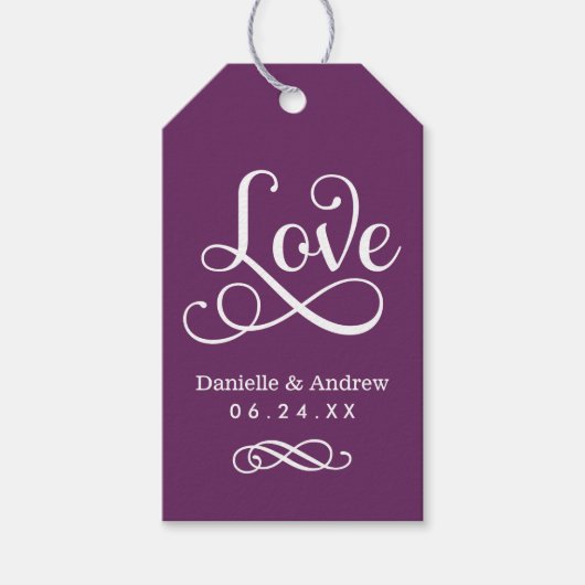 Elegant Paars Kalligrafie Monogram Bruiloftsgesche Cadeaulabel (Voorkant)