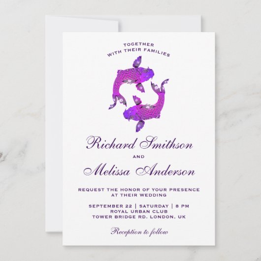 Elegant Paars Koi Fish Wedding Invitation Kaart (Voorkant)