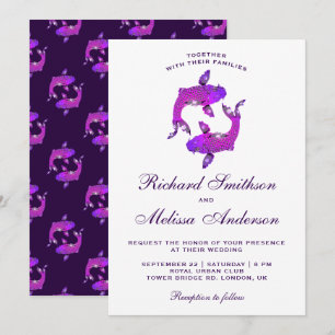 Elegant Paars Koi Fish Wedding Invitation Kaart