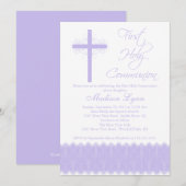 Elegant Paars kruis Eerste Heilige Communie Kaart (Voorkant / Achterkant)