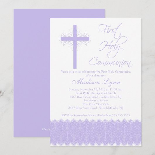 Elegant Paars kruis Eerste Heilige Communie Kaart (Voorkant / Achterkant)