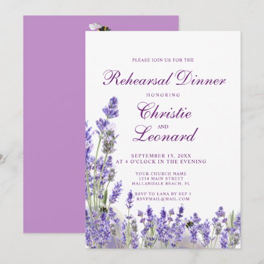 Elegant Paars Lavander Flowers Wedding Rehearsal Kaart (Voorkant / Achterkant)
