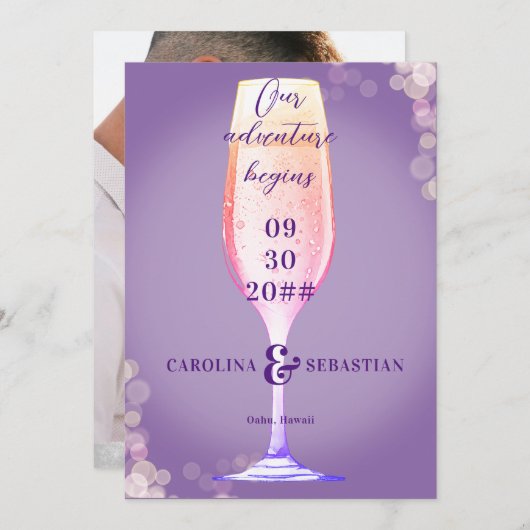 Elegant Paars Lavendel Bruisende Champagne Trouwfe Save The Date (Voorkant / Achterkant)