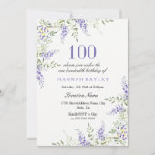 Elegant Paars Lavender 100th Birthday Invite Kaart (Voorkant)