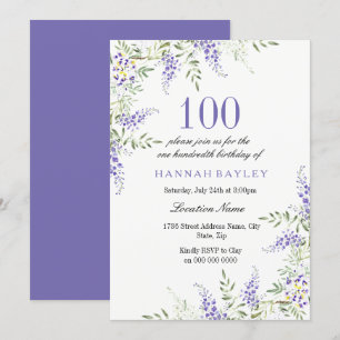 Elegant Paars Lavender 100th Birthday Invite Kaart