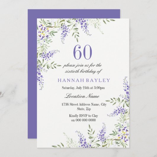 Elegant Paars Lavender 60th Birthday Invite Kaart (Voorkant / Achterkant)