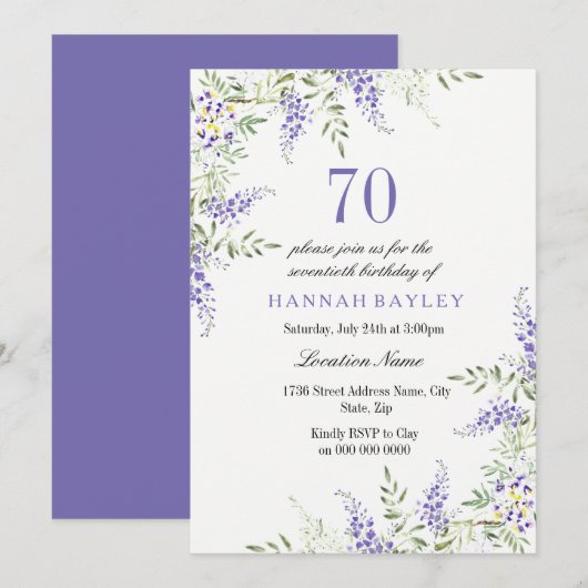 Elegant Paars Lavender 70th Birthday Invite Kaart (Voorkant / Achterkant)