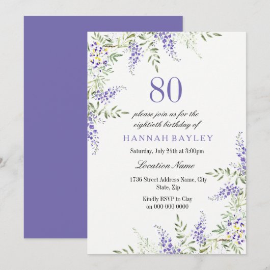 Elegant Paars Lavender 80th Birthday Invite Kaart (Voorkant / Achterkant)