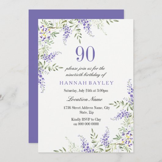 Elegant Paars Lavender 90th Birthday Invite Kaart (Voorkant / Achterkant)