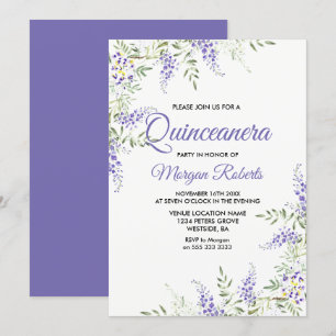 Elegant Paars Lavender Floral Quinceanera Invite Kaart