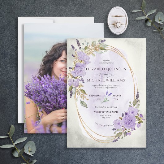 Elegant Paars Lavender Floral Waterverf Foto Kaart