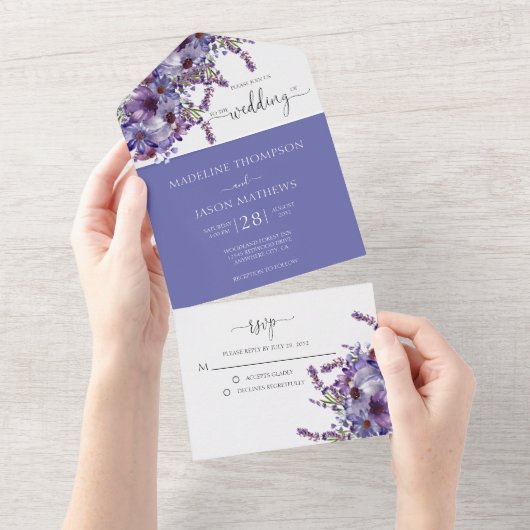 Elegant Paars Lavender Floral Waterverf Wedding All In One Uitnodiging (Afscheurbaar)