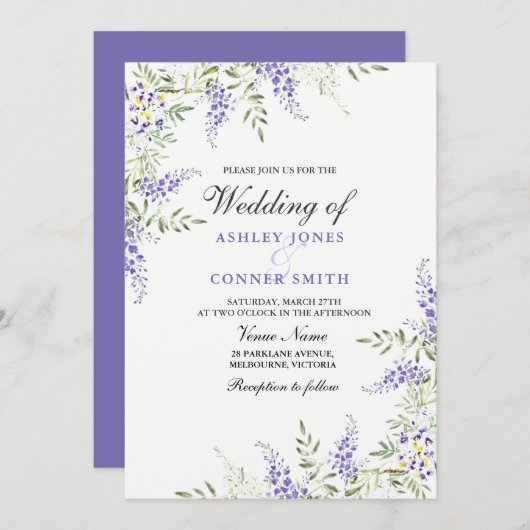 Elegant Paars Lavender Floral Wedding Invite Kaart (Voorkant / Achterkant)