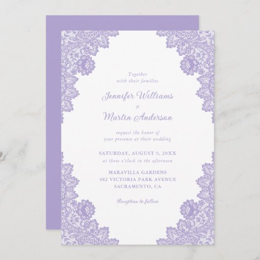 Elegant Paars Lavender Lace Wedding Kaart (Voorkant / Achterkant)