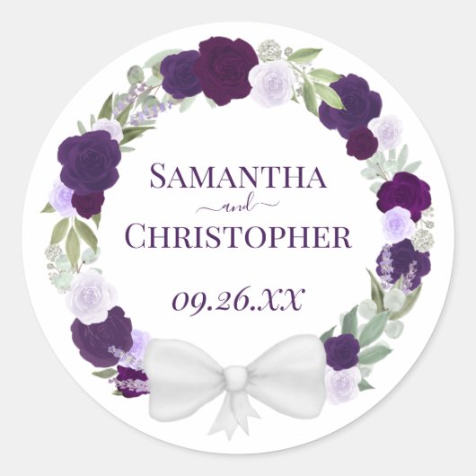 Elegant Paars & Lavender Wreath of Rozen Wedding Ronde Sticker (Voorkant)