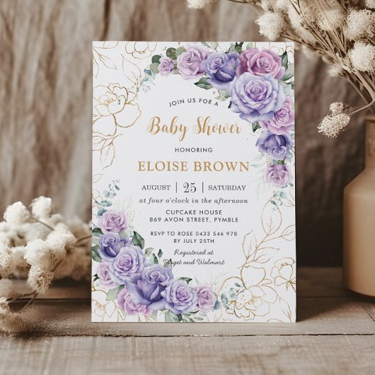 Elegant Paars Lila Lavender Rozen Baby shower Kaart