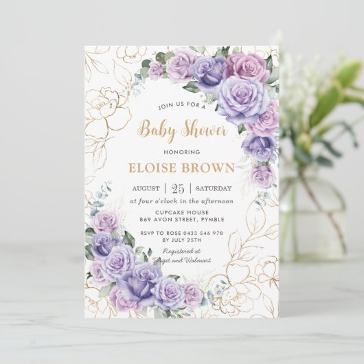 Elegant Paars Lila Lavender Rozen Baby shower Kaart (Staand voorkant)