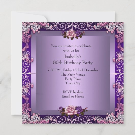 Elegant Paars Lila Roze Roze 80e verjaardag Kaart (Achterkant)