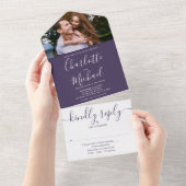 Elegant Paars modern Script Photo Wedding All In One Uitnodiging (Afscheurbaar)