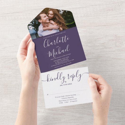 Elegant Paars modern Script Photo Wedding All In One Uitnodiging (Afscheurbaar)
