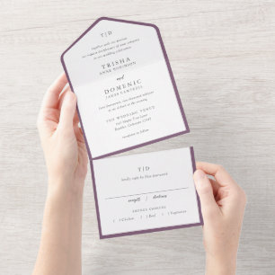 Elegant Paars Monogram Moderne Trouwdag All In One Uitnodiging