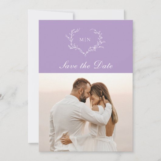 Elegant Paars Monogram Save the Date Foto Kaart (Voorkant)