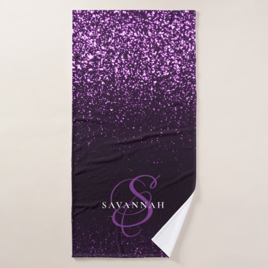 Elegant Paars monogram script Stijlvol glitter Badhanddoek (Badhanddoek)