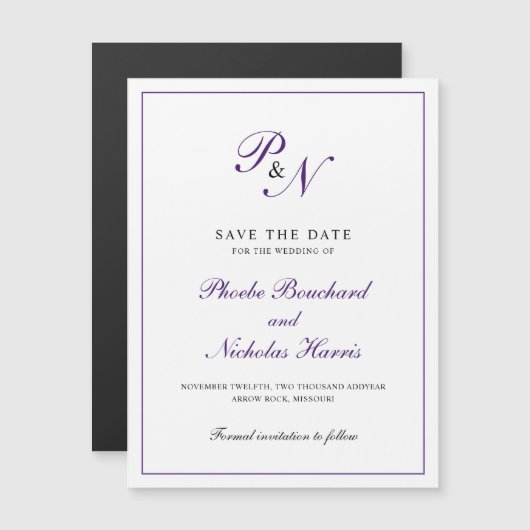 Elegant Paars Monogram Wedding Save the Date Magnetische Uitnodiging (Voorkant / Achterkant)