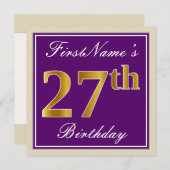 Elegant, Paars, Nep Goud 27e Verjaardag + Naam Kaart (Voorkant / Achterkant)