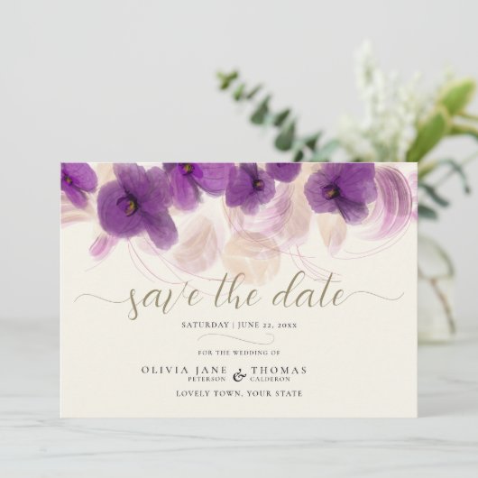 Elegant Paars Orchid Modern Boho Stylish Wedding Save The Date (Staand voorkant)