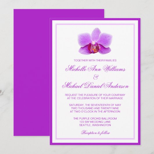 Elegant Paars Orchid Wedding Invitations Kaart (Voorkant / Achterkant)