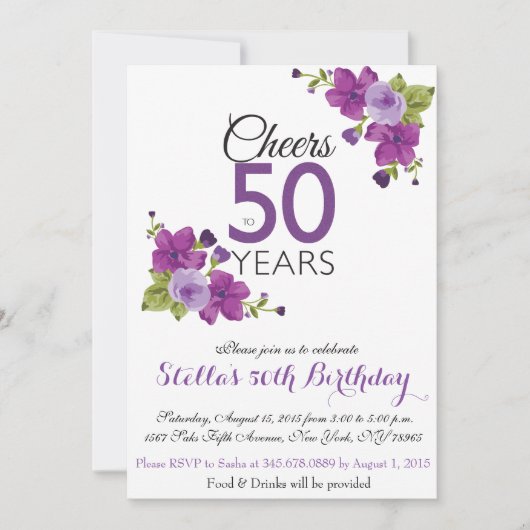 Elegant Paars Paint Flower 50th Birthday Invite Kaart (Voorkant)
