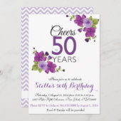 Elegant Paars Paint Flower 50th Birthday Invite Kaart (Voorkant / Achterkant)