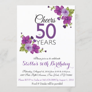 Elegant Paars Paint Flower 50th Birthday Invite Kaart