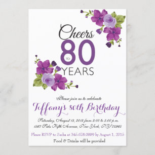 Elegant Paars Paint Flower 80th Birthday Invite Kaart