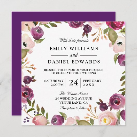 Elegant Paars Peach roze Floral Wedding Invite Kaart (Voorkant / Achterkant)