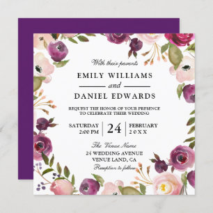 Elegant Paars Peach roze Floral Wedding Invite Kaart