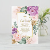 Elegant Paars Peach Tropical Greenery Baptisme Kaart (Staand voorkant)