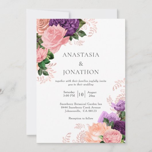 Elegant Paars Peach Waterverf Floral Wedding Kaart (Voorkant)