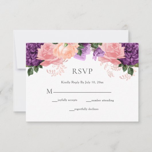 Elegant Paars Peach Waterverf Floral Wedding RSVP Kaartje (Voorkant)