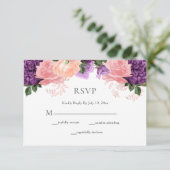 Elegant Paars Peach Waterverf Floral Wedding RSVP Kaartje (Staand voorkant)