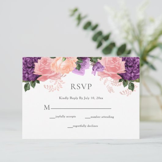 Elegant Paars Peach Waterverf Floral Wedding RSVP Kaartje (Staand voorkant)