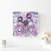 Elegant  Paars Peacock Feathers Design Vierkante Klok (Huis)