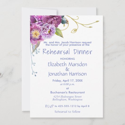 Elegant Paars Peonies Floral Rehearsal Dinner Kaart (Voorkant)